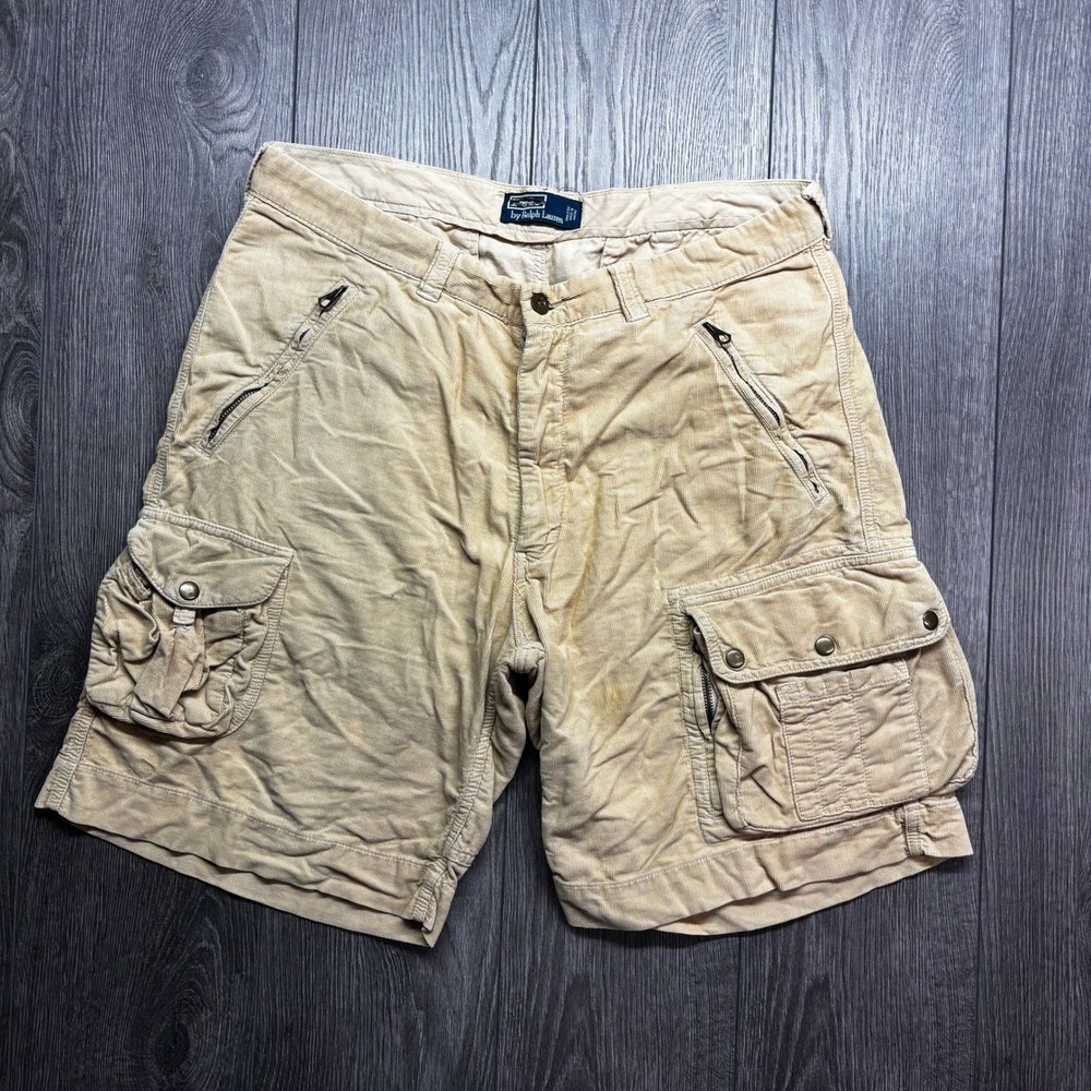 Vintage Polo Ralph Lauren Corduroy Cargo Shorts Tan Mens 36 Utility Multi-Pocket